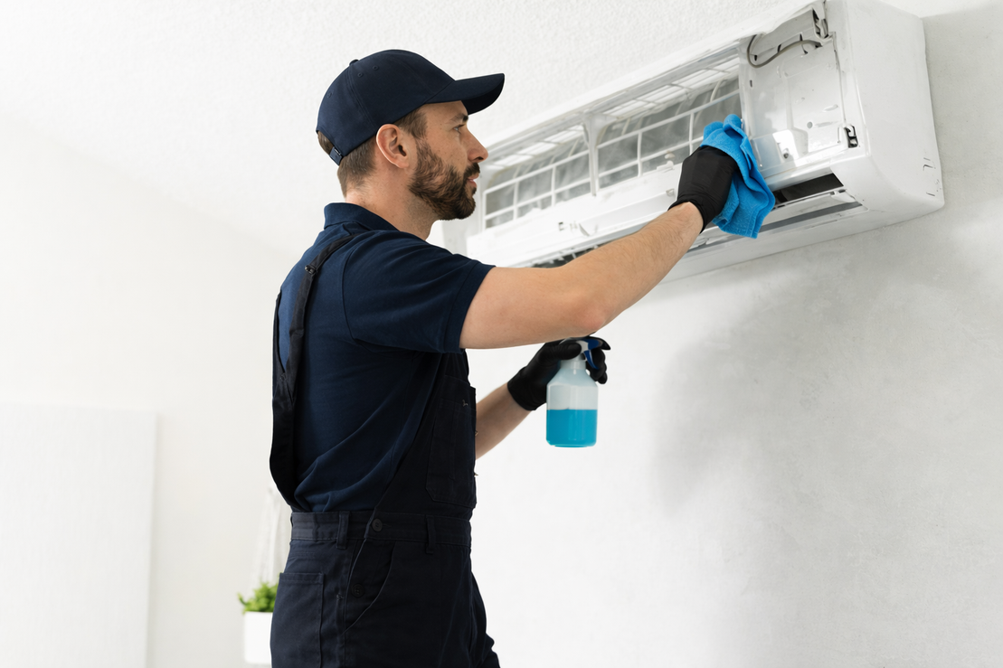 Servicetechniker führt Wartung an Klimagerät durch